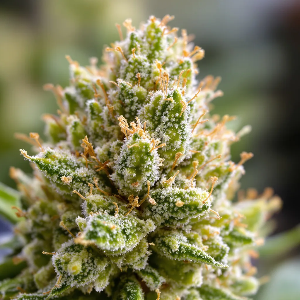 Primer plano de cogollo de cannabis Laughing Buddha mostrando estructura aireada verde lima