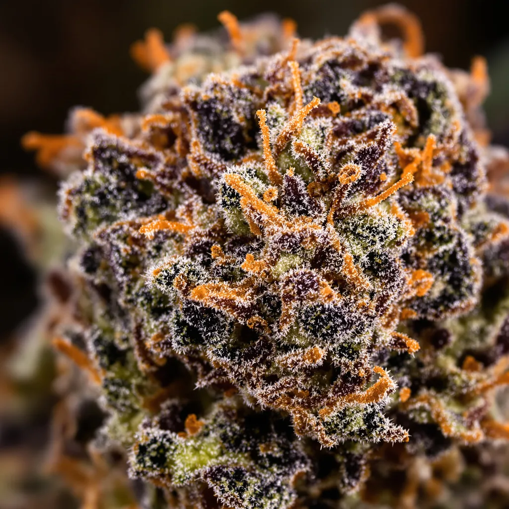 Primer plano de cogollo de cannabis Lava Cake mostrando cálices densos con tonos morados