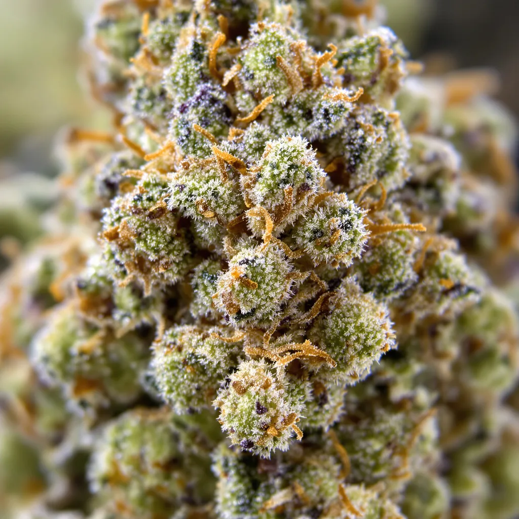 Primer plano de cogollo de cannabis Lavender mostrando estructura equilibrada con tricomas escarchados