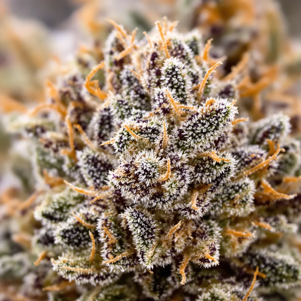 Primer plano de cogollo de cannabis Lavender Jones mostrando cálices densos con tonos morados