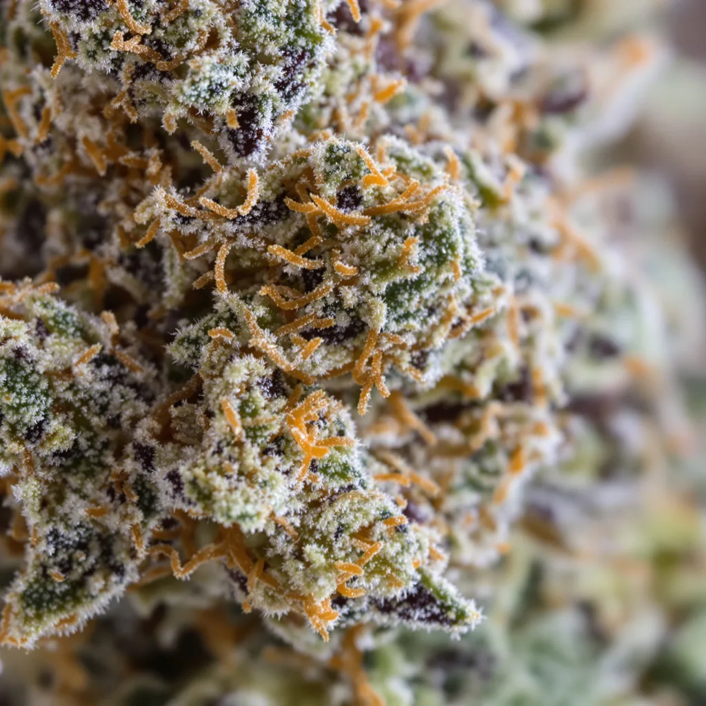 Primer plano de cogollo de cannabis Lavender Jones mostrando cálices densos con tonos morados