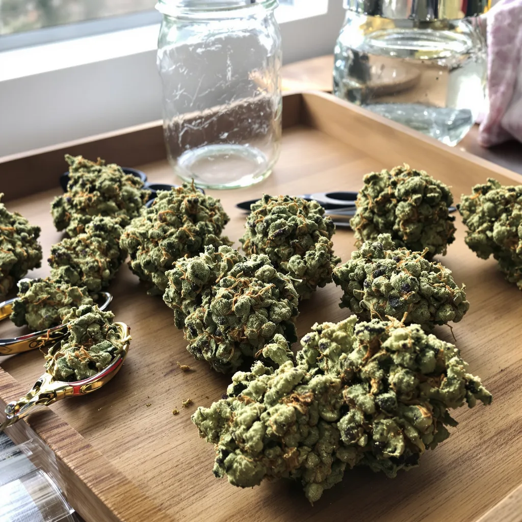 Le Silver Royale 54% indica / 46% sativa — flor con tricomas visibles