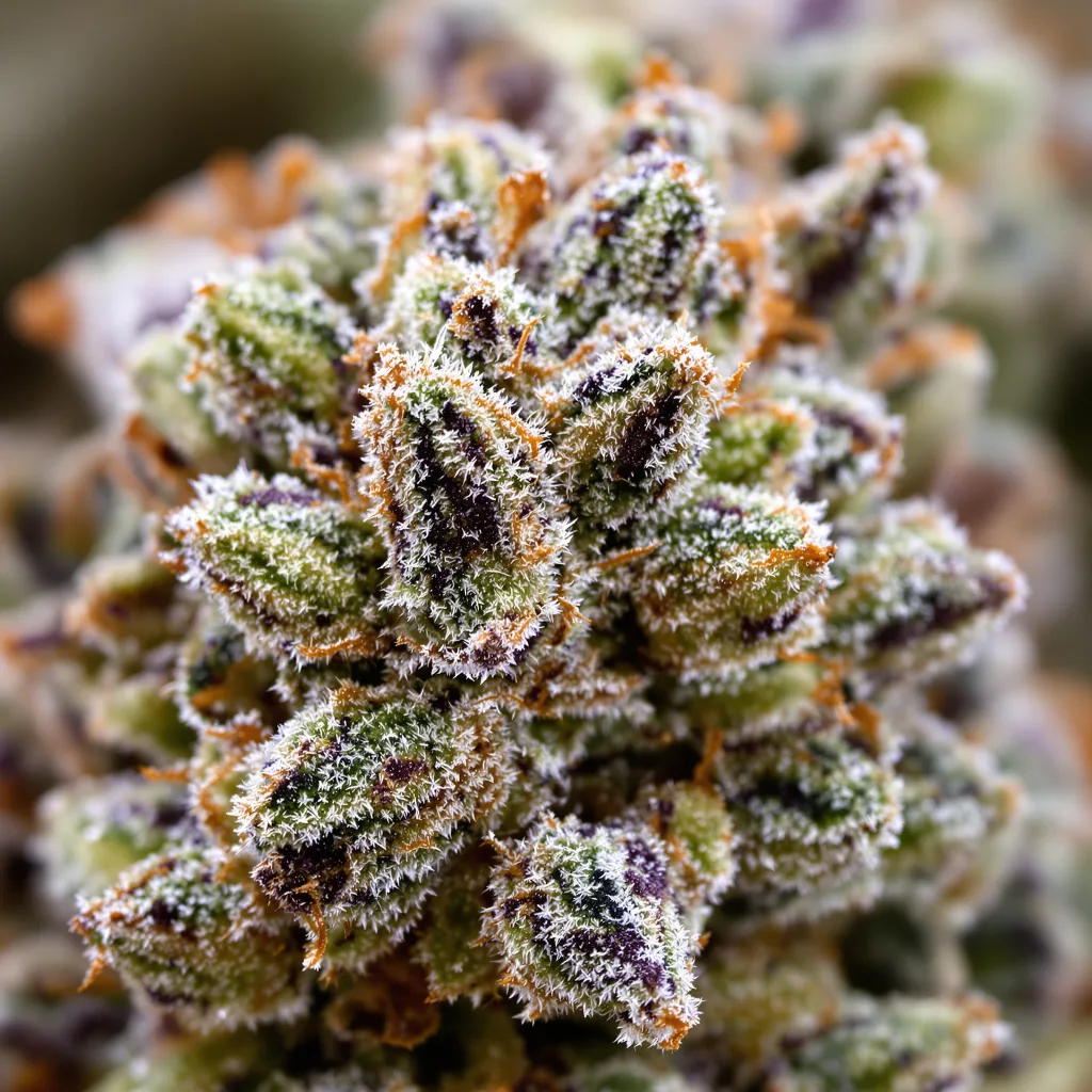 Primer plano de cogollo de cannabis Le Silver Royale mostrando estructura equilibrada con tricomas escarchados