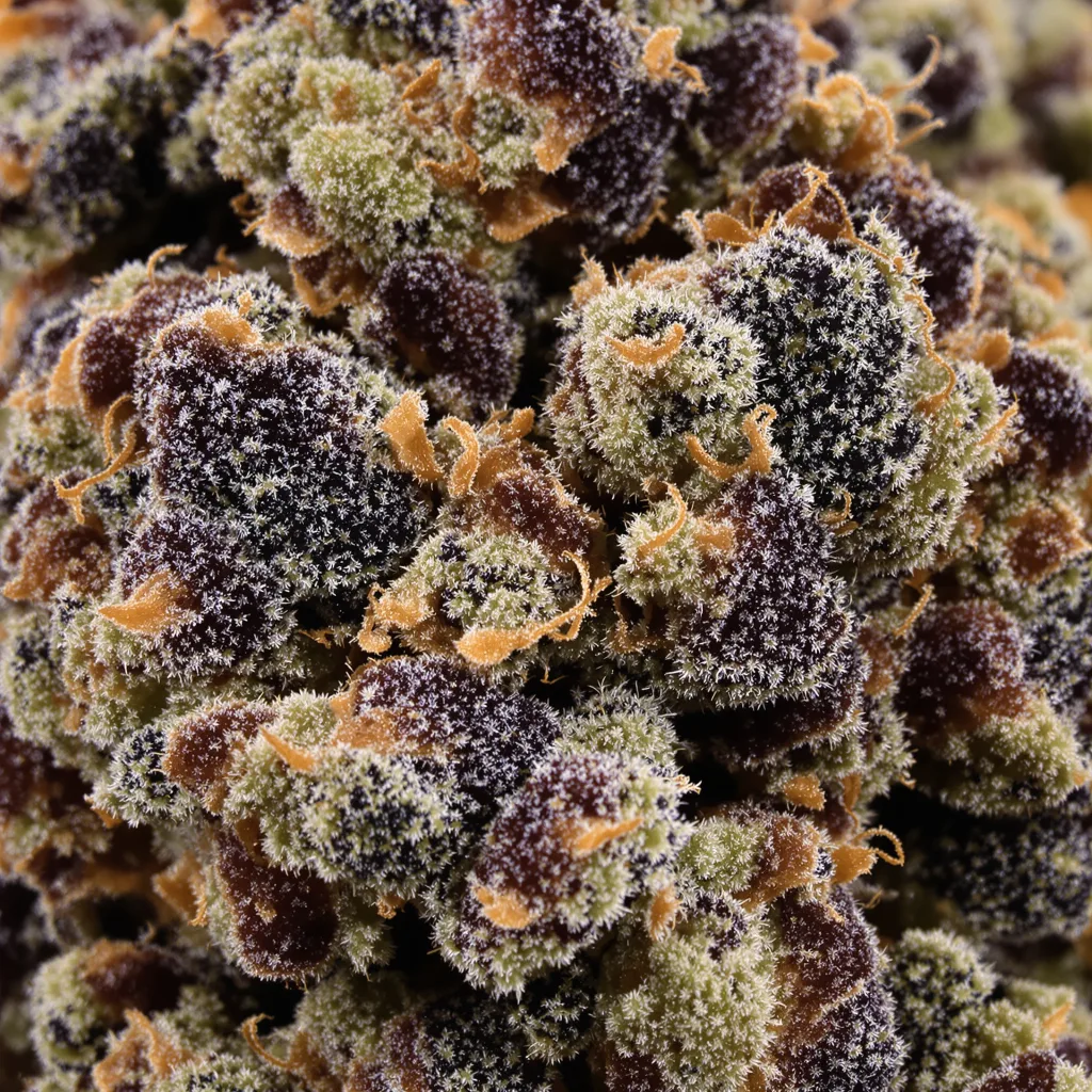 Primer plano de cogollo de cannabis Lee Roy mostrando cálices densos con tonos morados
