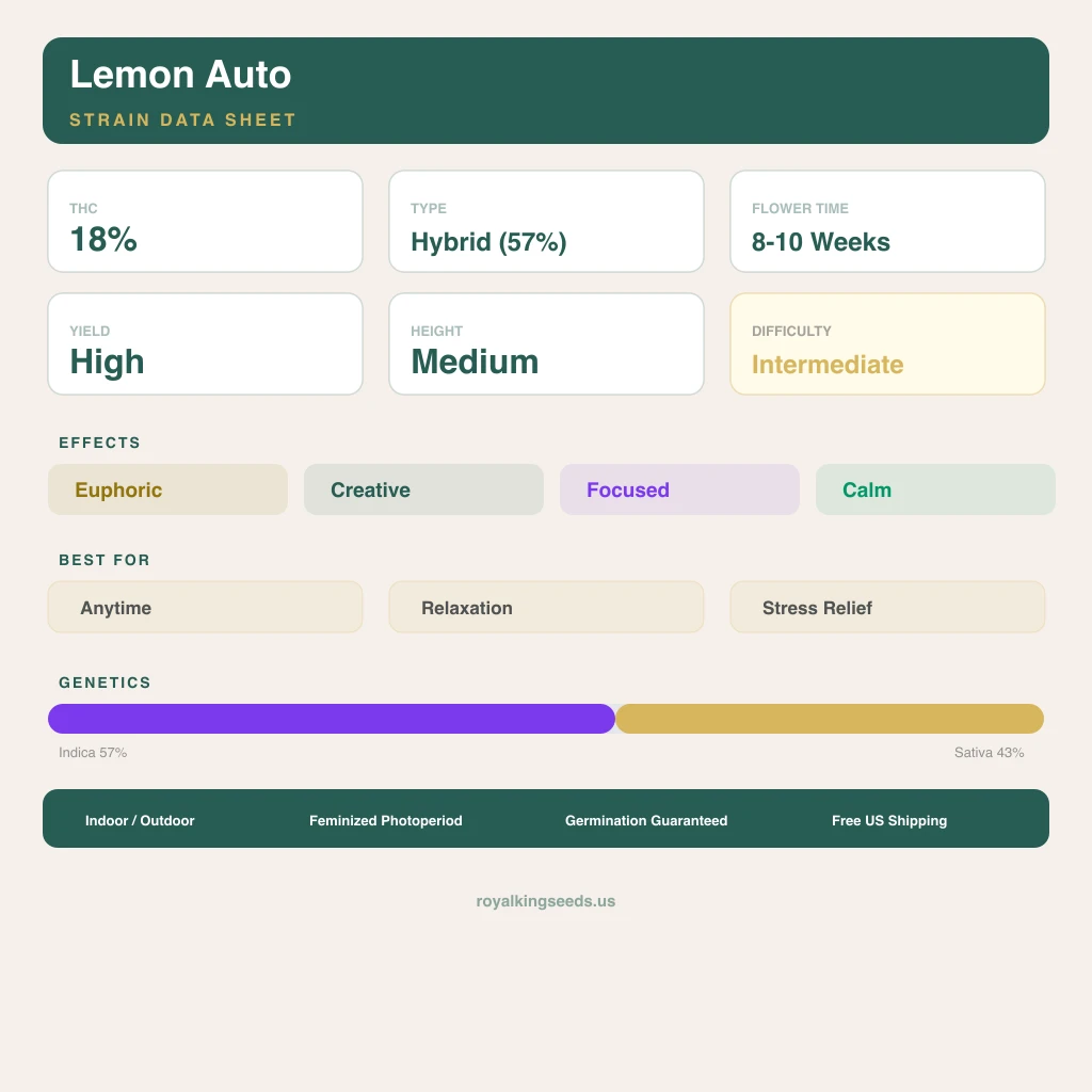 Lemon 57% indica / 43% sativa — flor con tricomas visibles
