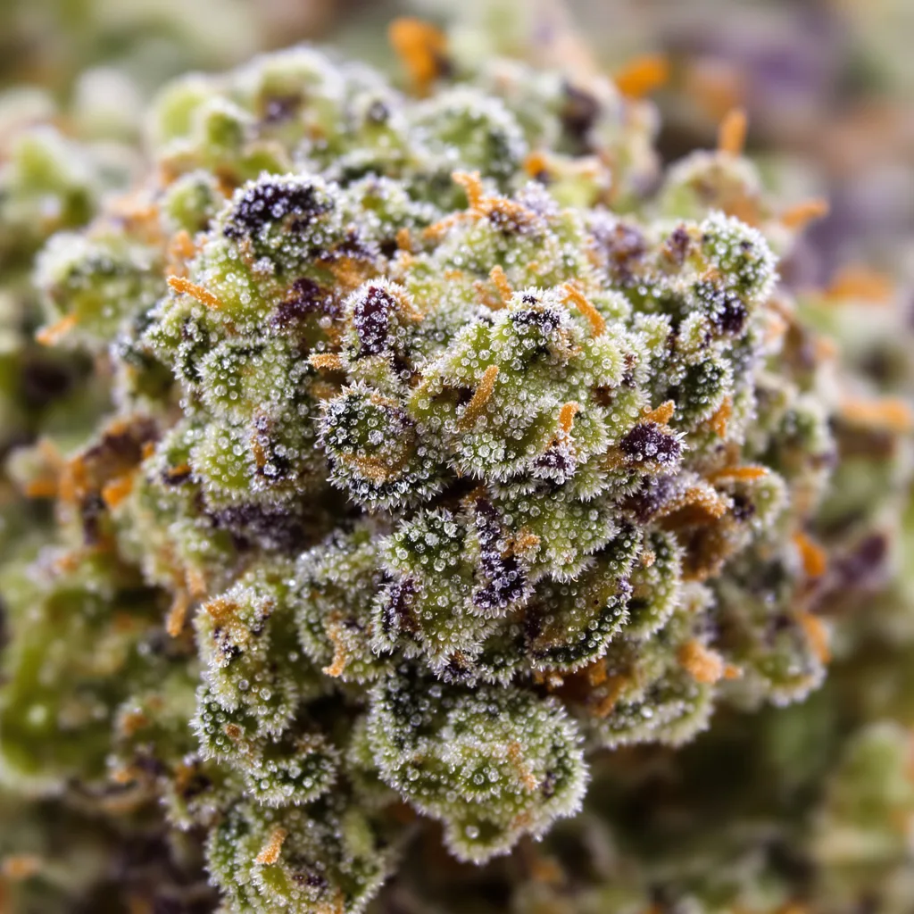 Primer plano de cogollo de cannabis Lemon mostrando estructura equilibrada con tricomas escarchados