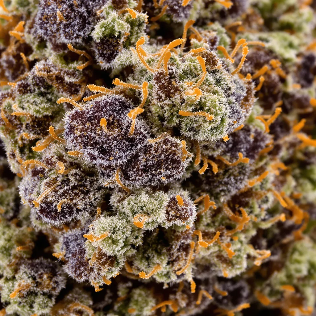 Primer plano de cogollo de cannabis Lemon Crush mostrando cálices densos con tonos morados