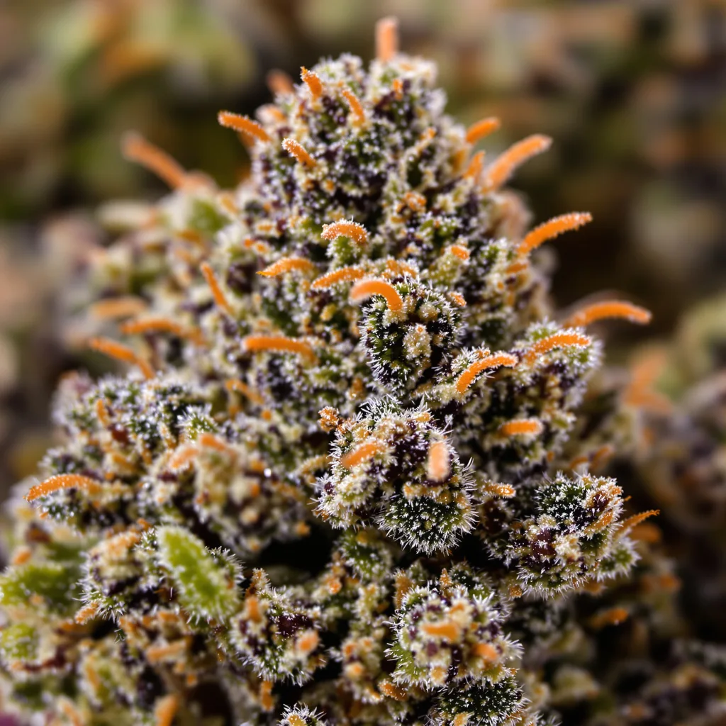 Primer plano de cogollo de cannabis Lemon Daddy mostrando cálices densos con tonos morados