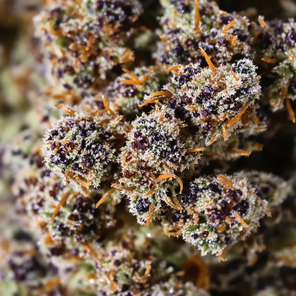 Primer plano de cogollo de cannabis Lemon Drizzle mostrando cálices densos con tonos morados