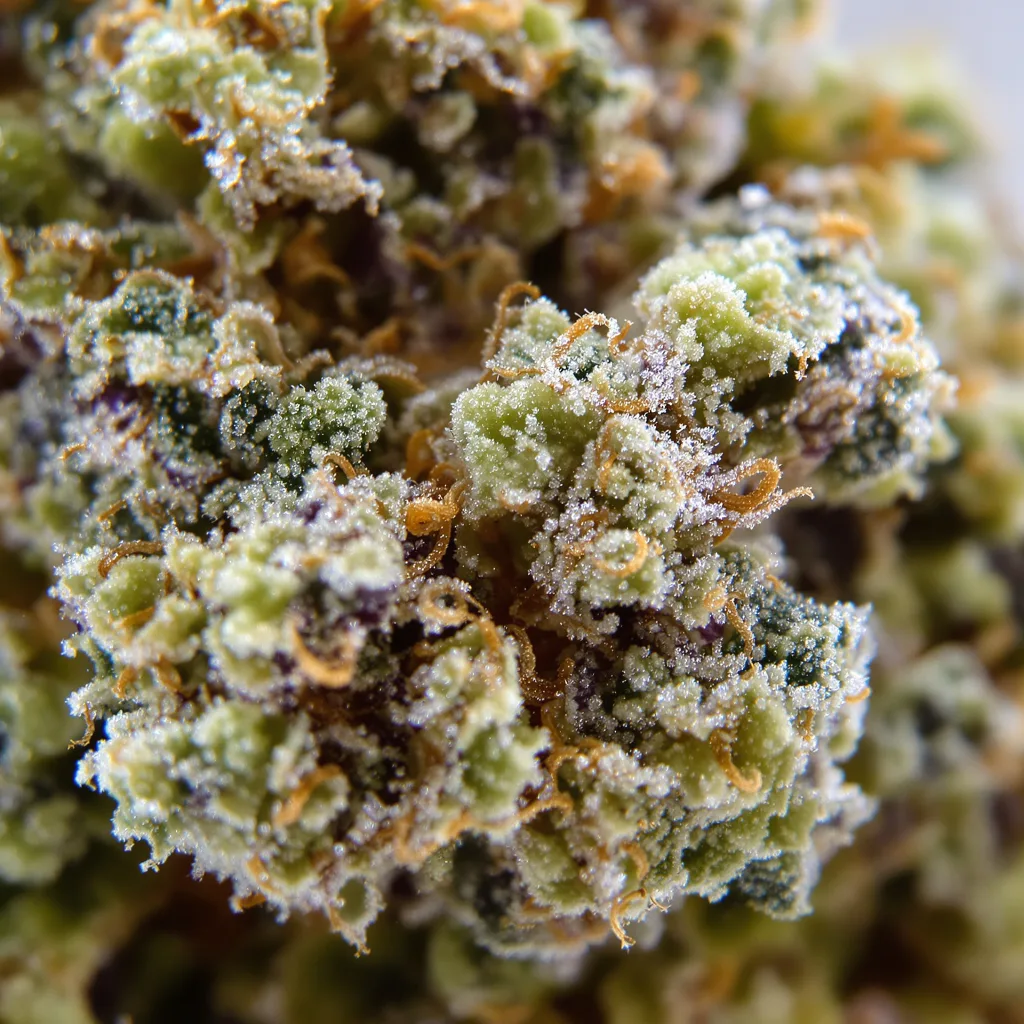 Primer plano de cogollo de cannabis Lemon Drop mostrando estructura equilibrada con tricomas escarchados