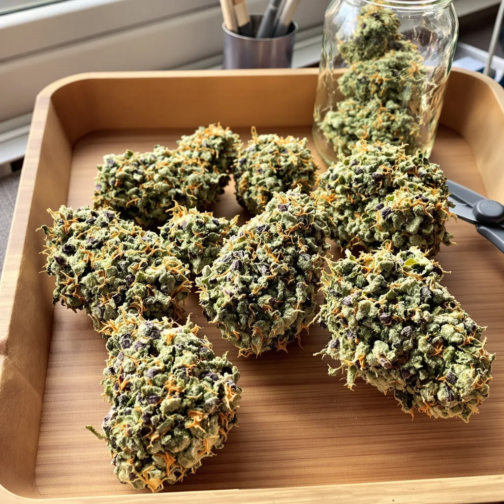 Lemon 57% indica / 43% sativa — flor con tricomas visibles
