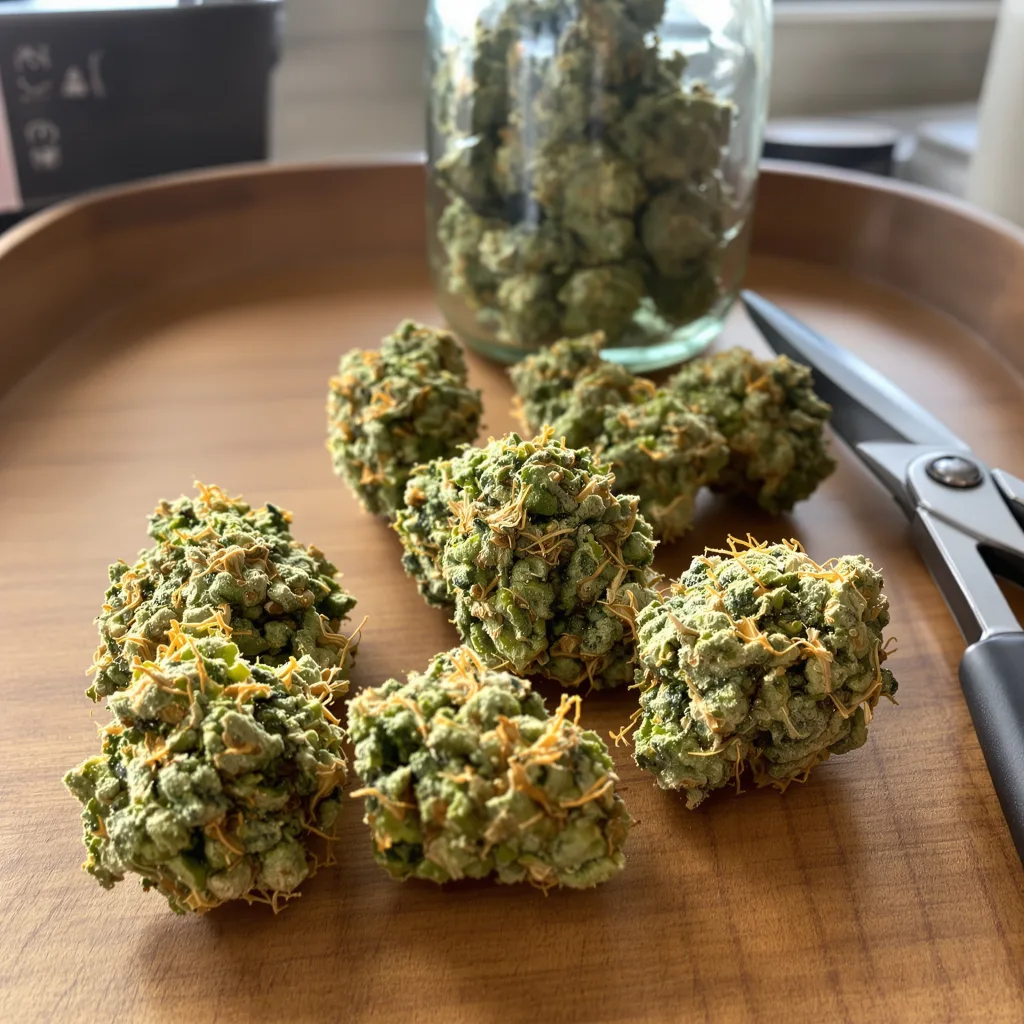 Lemon Fire 9% indica / 91% sativa — flor con tricomas visibles