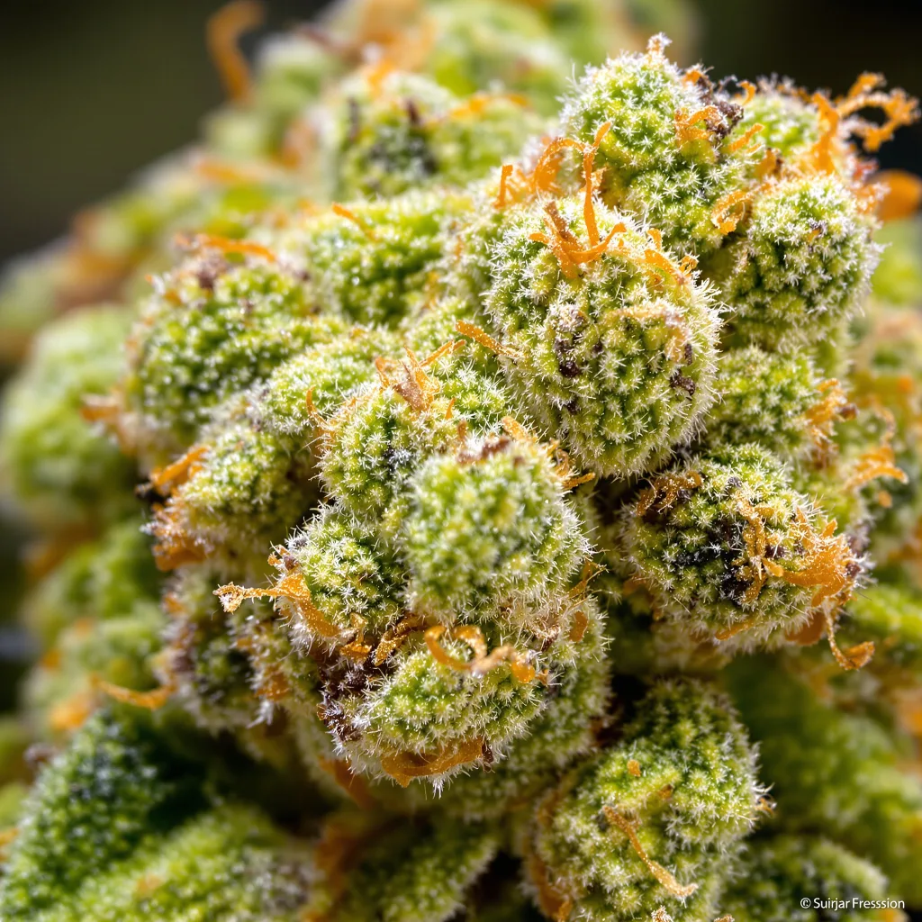 Primer plano de cogollo de cannabis Lemon Fire mostrando estructura aireada verde lima
