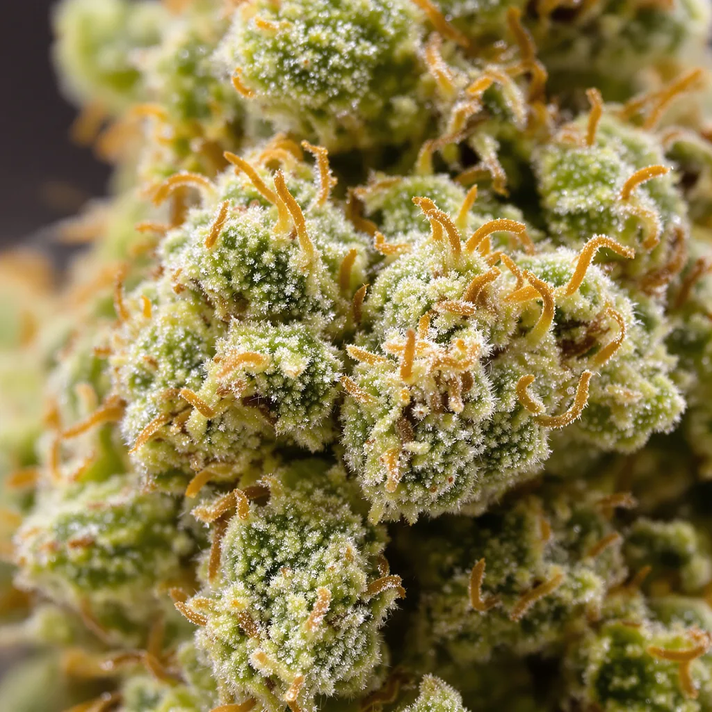 Primer plano de cogollo de cannabis Lemon G mostrando estructura aireada verde lima