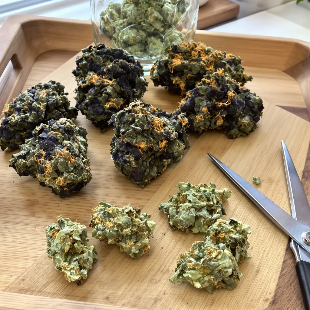 Lemon Garlic OG 78% indica / 22% sativa — flor con tricomas visibles