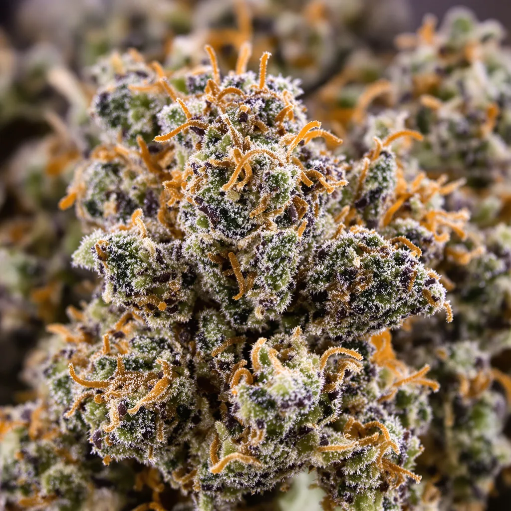Primer plano de cogollo de cannabis Lemon Garlic OG mostrando cálices densos con tonos morados
