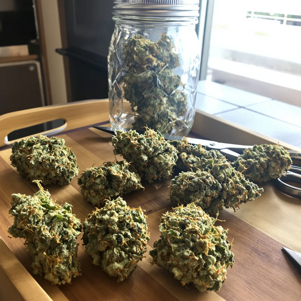 Lemon Haze 23% indica / 77% sativa — flor con tricomas visibles