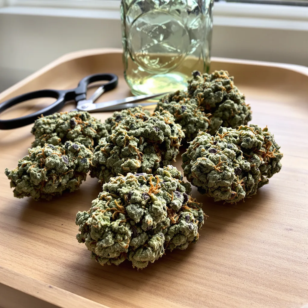 Lemon OG Kush 50% indica / 50% sativa — flor con tricomas visibles