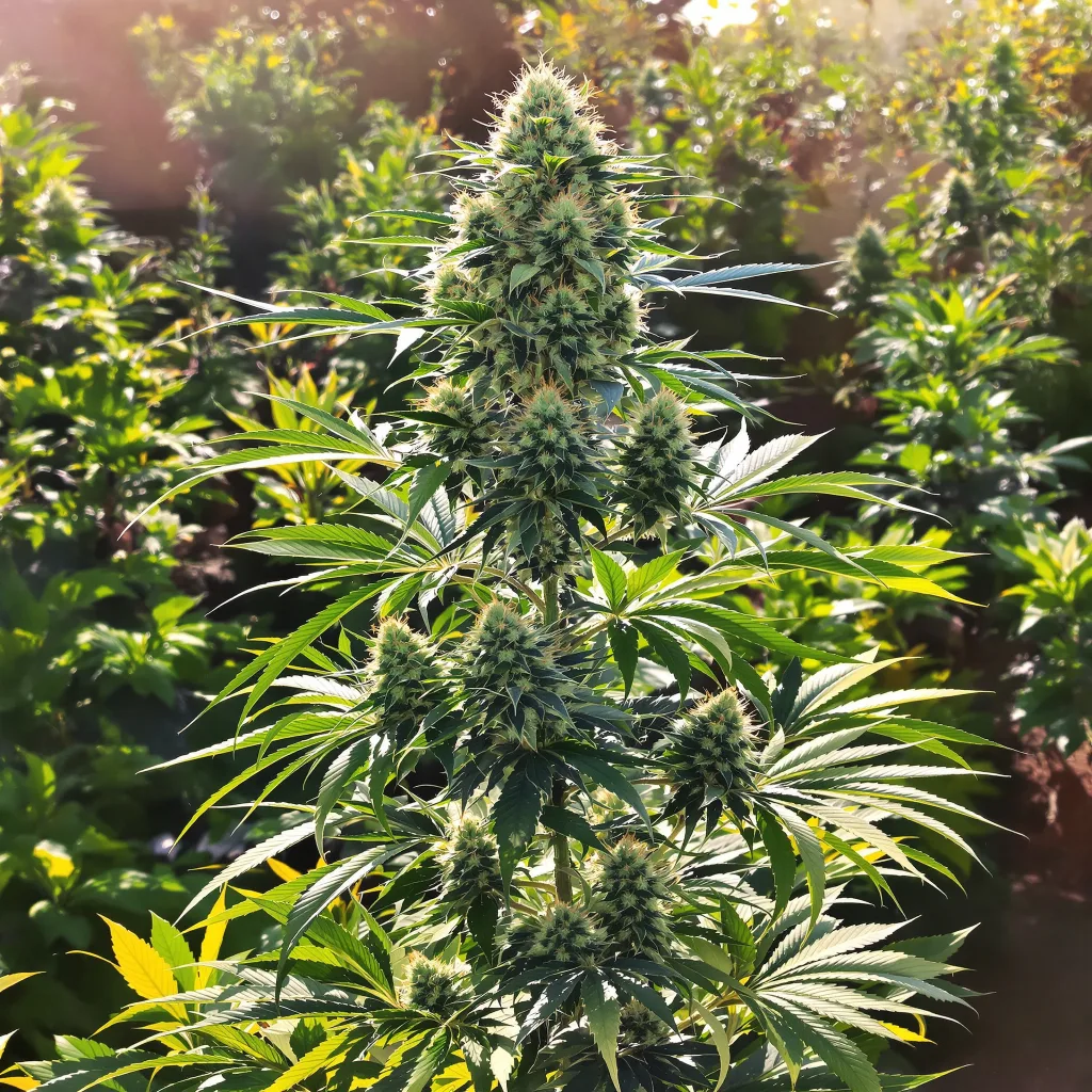 Lemon OG Kush 50% indica / 50% sativa — flor con tricomas visibles