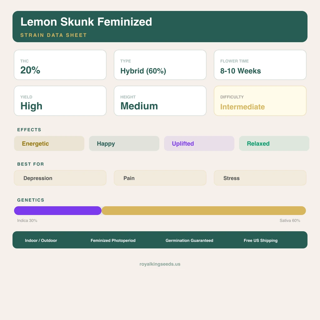 Lemon Skunk 30% indica / 60% sativa — flor con tricomas visibles