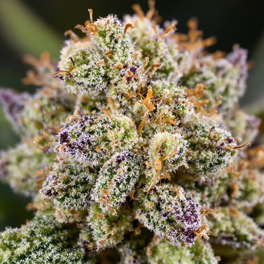 Primer plano de cogollo de cannabis Lemon Thai mostrando cogollos densos verde bosque