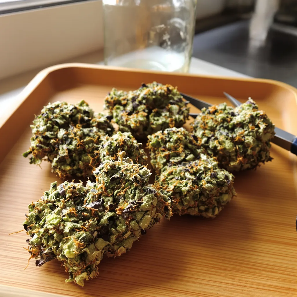 Lethal Purple 38% indica / 62% sativa — flor con tricomas visibles