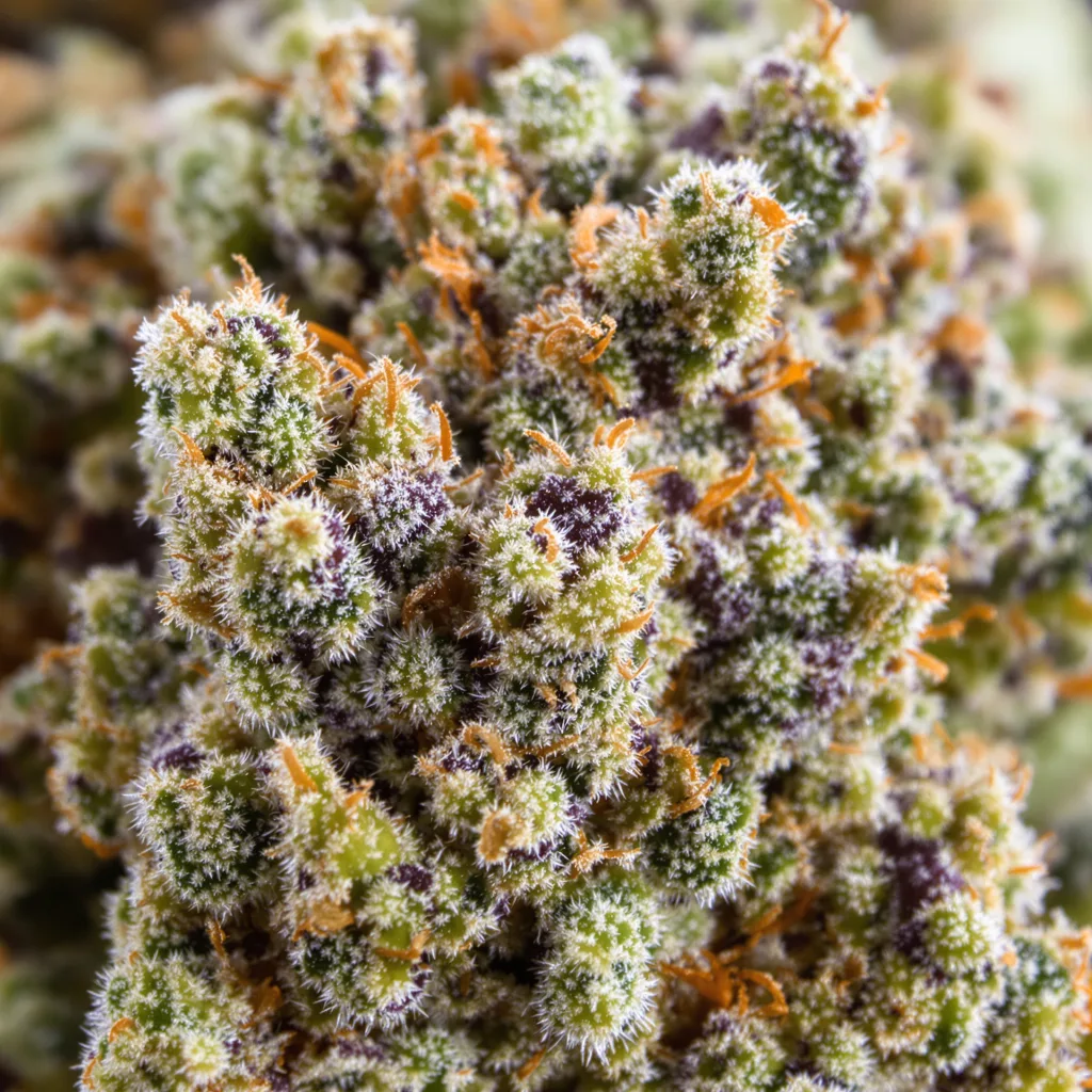 Primer plano de cogollo de cannabis Lethal Purple mostrando estructura abierta con pistilos naranjas