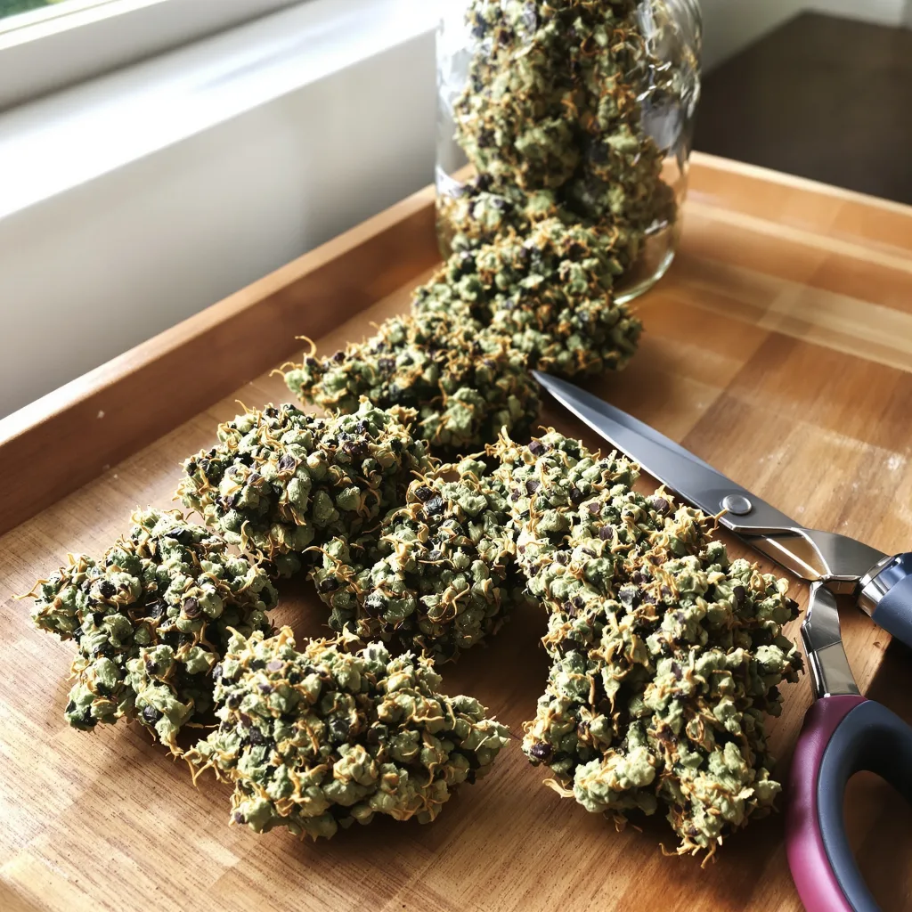 Lime Purple Mist 74% indica / 26% sativa — flor con tricomas visibles