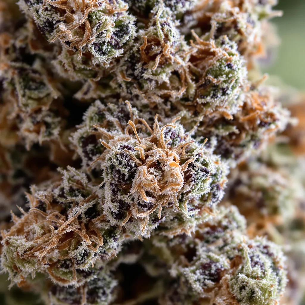 Primer plano de cogollo de cannabis Lime Purple Mist mostrando cálices densos con tonos morados