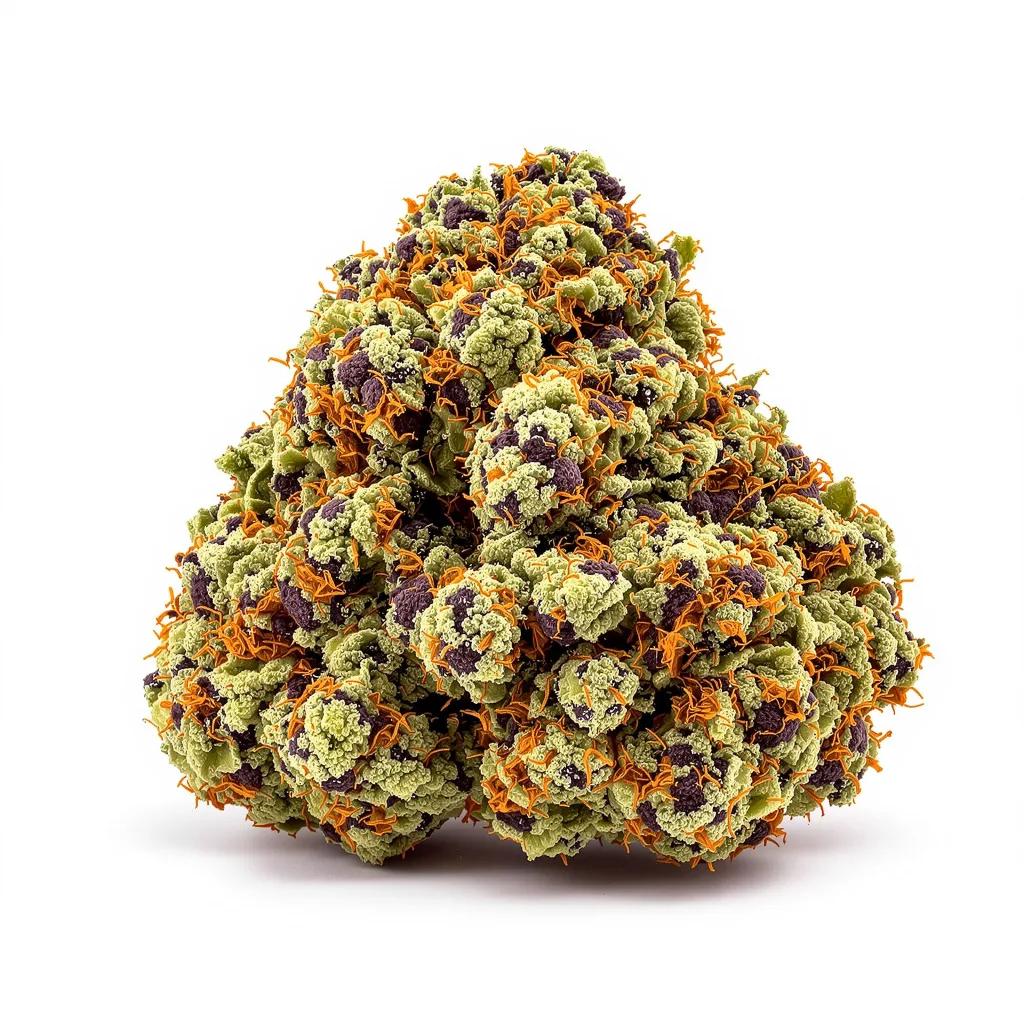 Lime Purple Mist 74% indica / 26% sativa — flor con tricomas visibles
