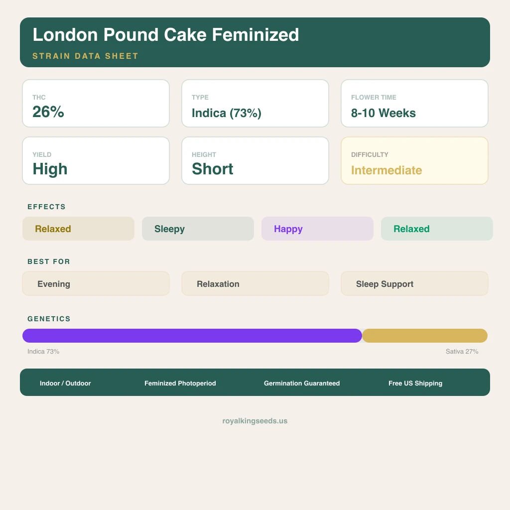 London Pound Cake 73% indica / 27% sativa — flor con tricomas visibles