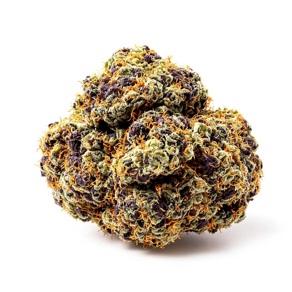 London Pound Cake 73% indica / 27% sativa — flor con tricomas visibles