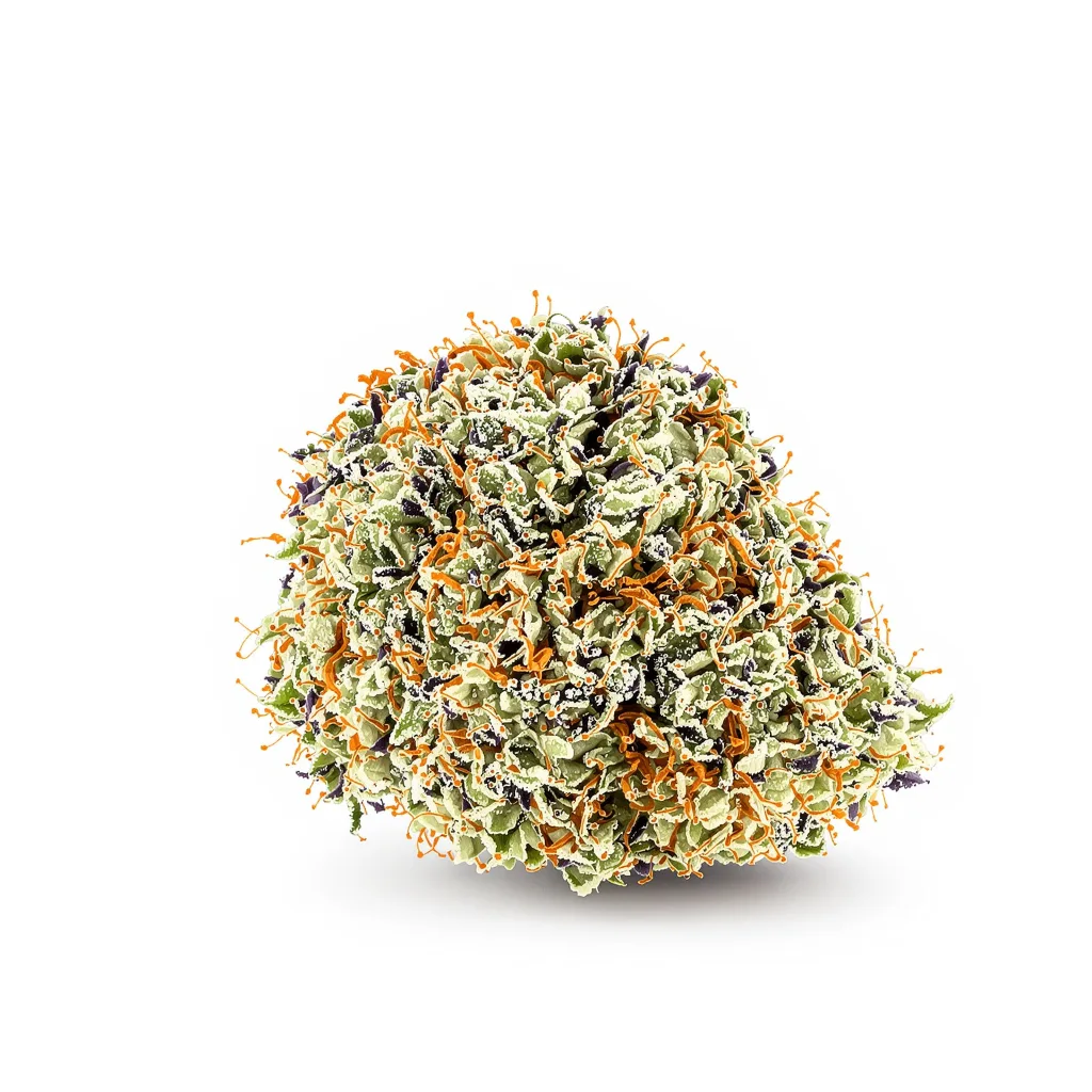 Longbottom Leaf 39% indica / 61% sativa — flor con tricomas visibles