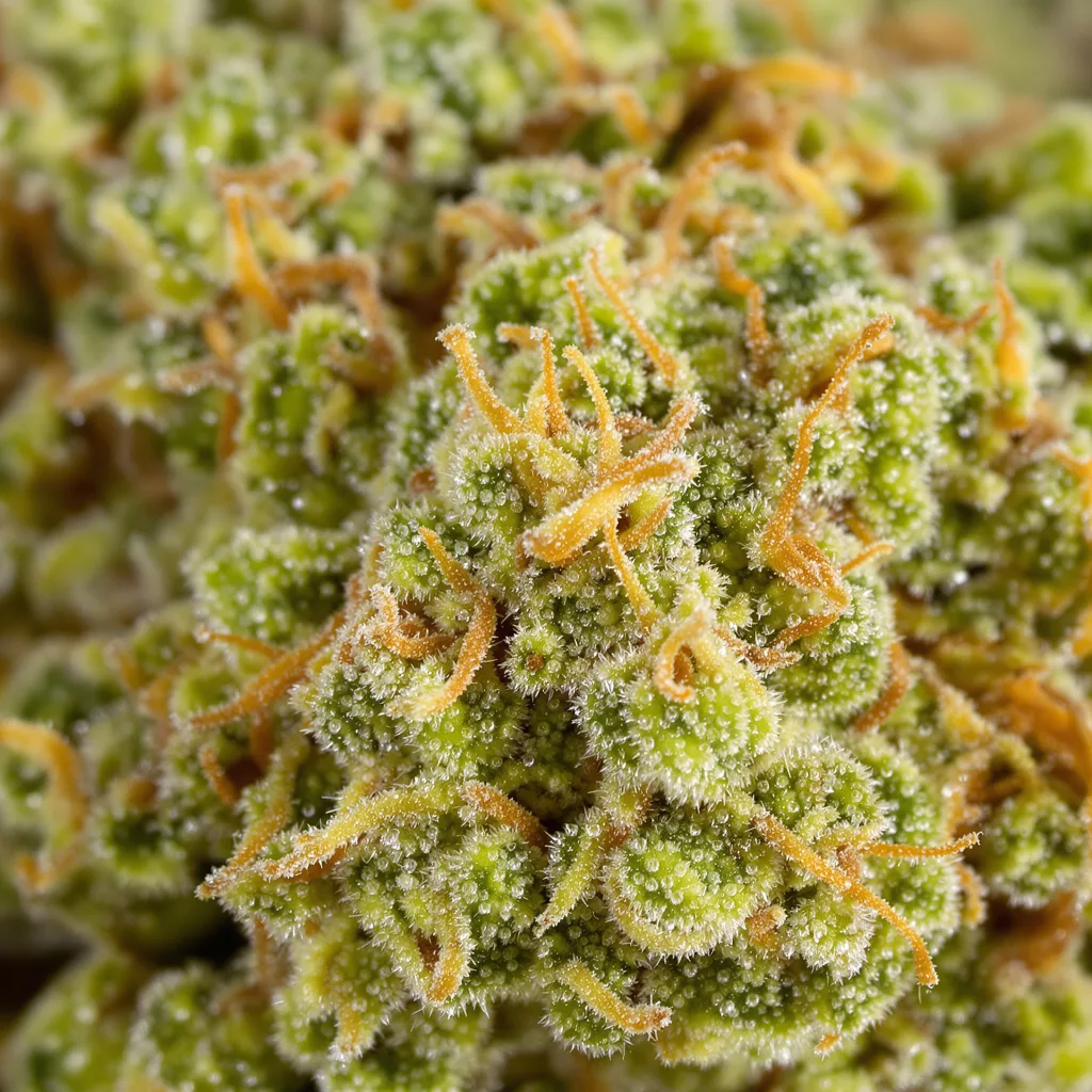Primer plano de cogollo de cannabis Love Potion #1 mostrando estructura aireada verde lima