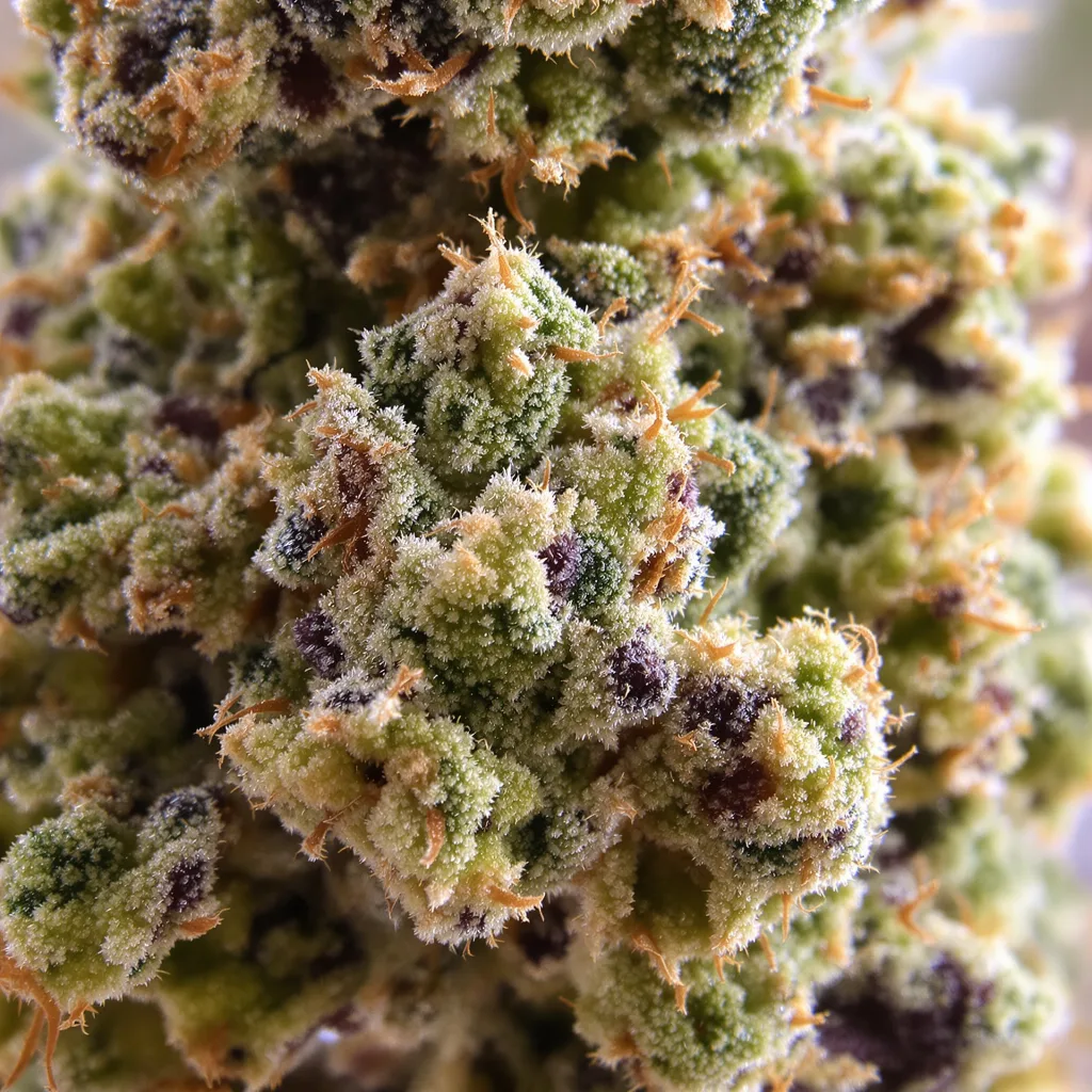 Primer plano de cogollo de cannabis Lowryder mostrando estructura equilibrada con tricomas escarchados