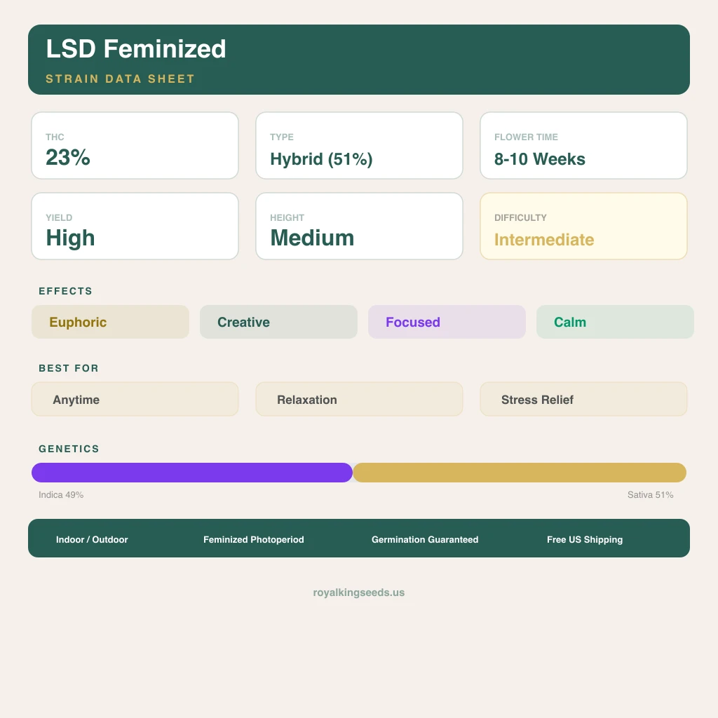 LSD 49% indica / 51% sativa — flor con tricomas visibles