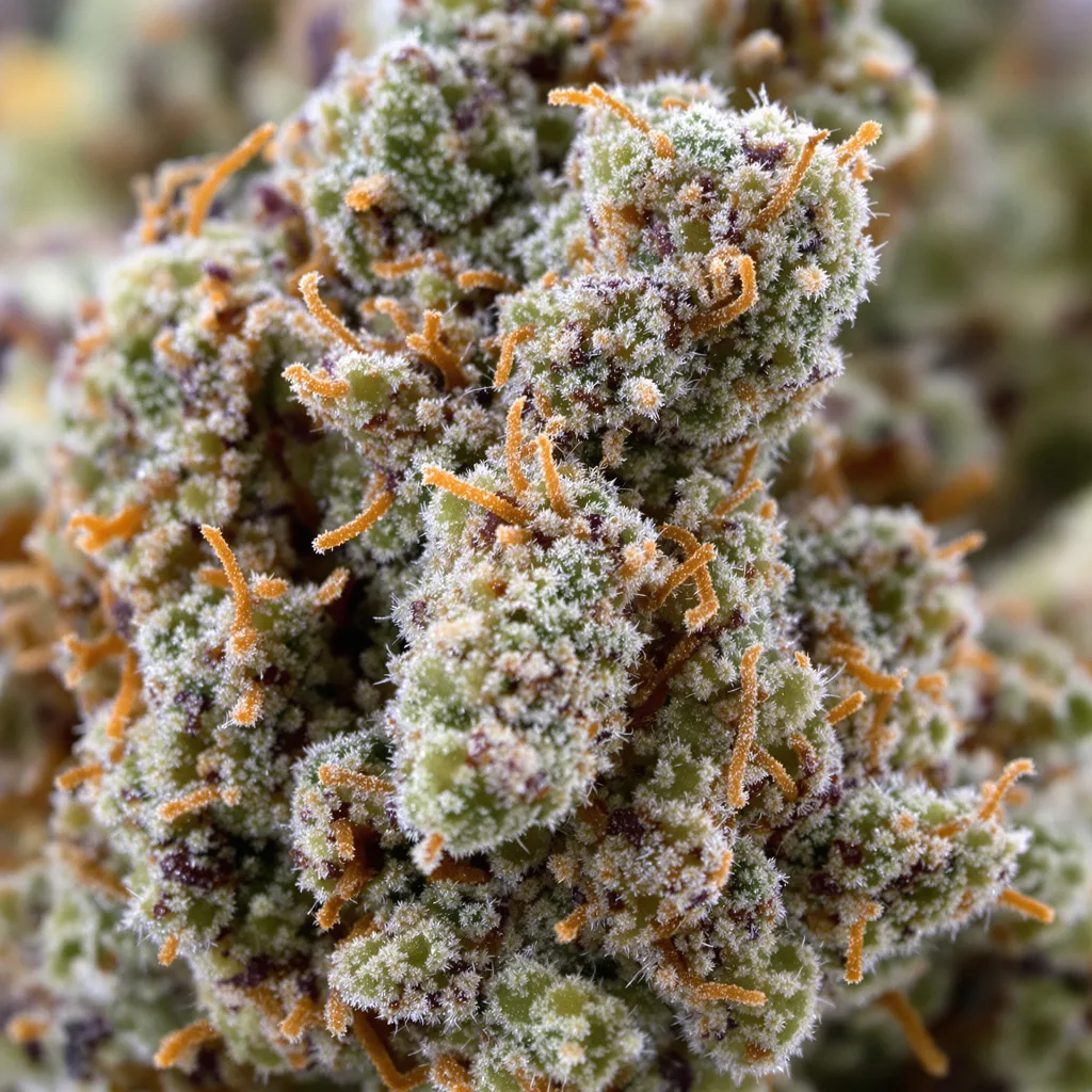 Primer plano de cogollo de cannabis Lucid Blue mostrando cogollos densos verde bosque