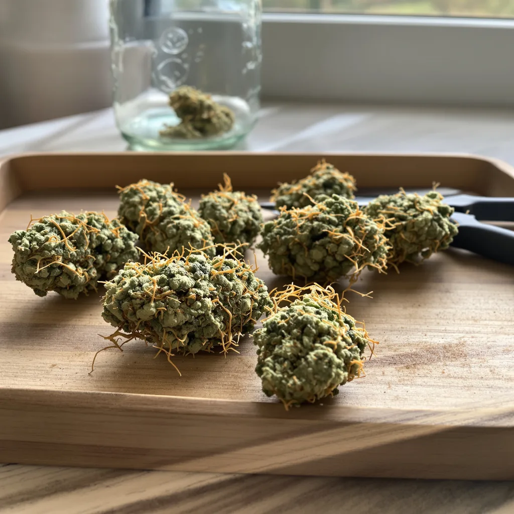 Lucid Dream Kush 9% indica / 91% sativa — flor con tricomas visibles