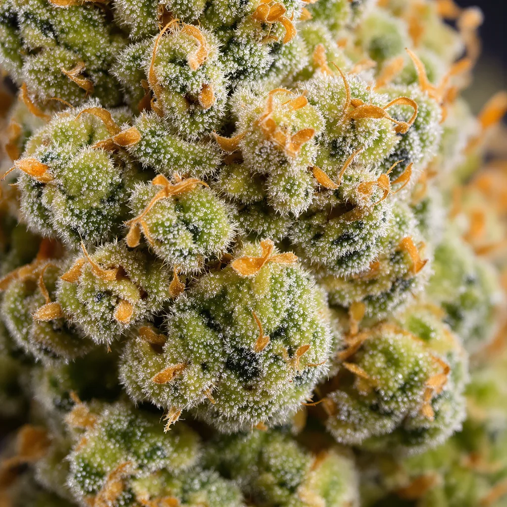 Primer plano de cogollo de cannabis Lucid Dream Kush mostrando estructura aireada verde lima