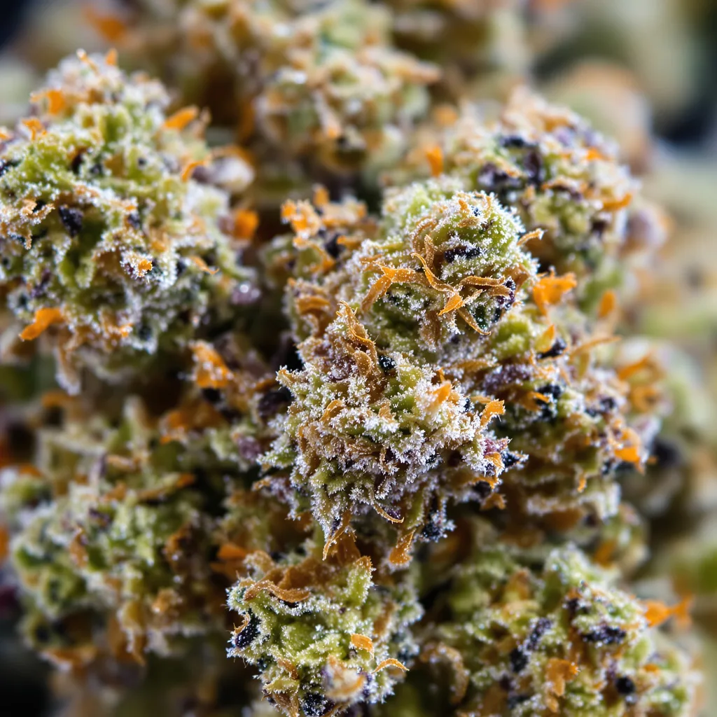 Primer plano de cogollo de cannabis Lucky Charms mostrando estructura equilibrada con tricomas escarchados