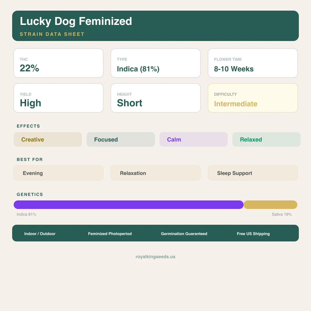 Lucky Dog 81% indica / 19% sativa — flor con tricomas visibles