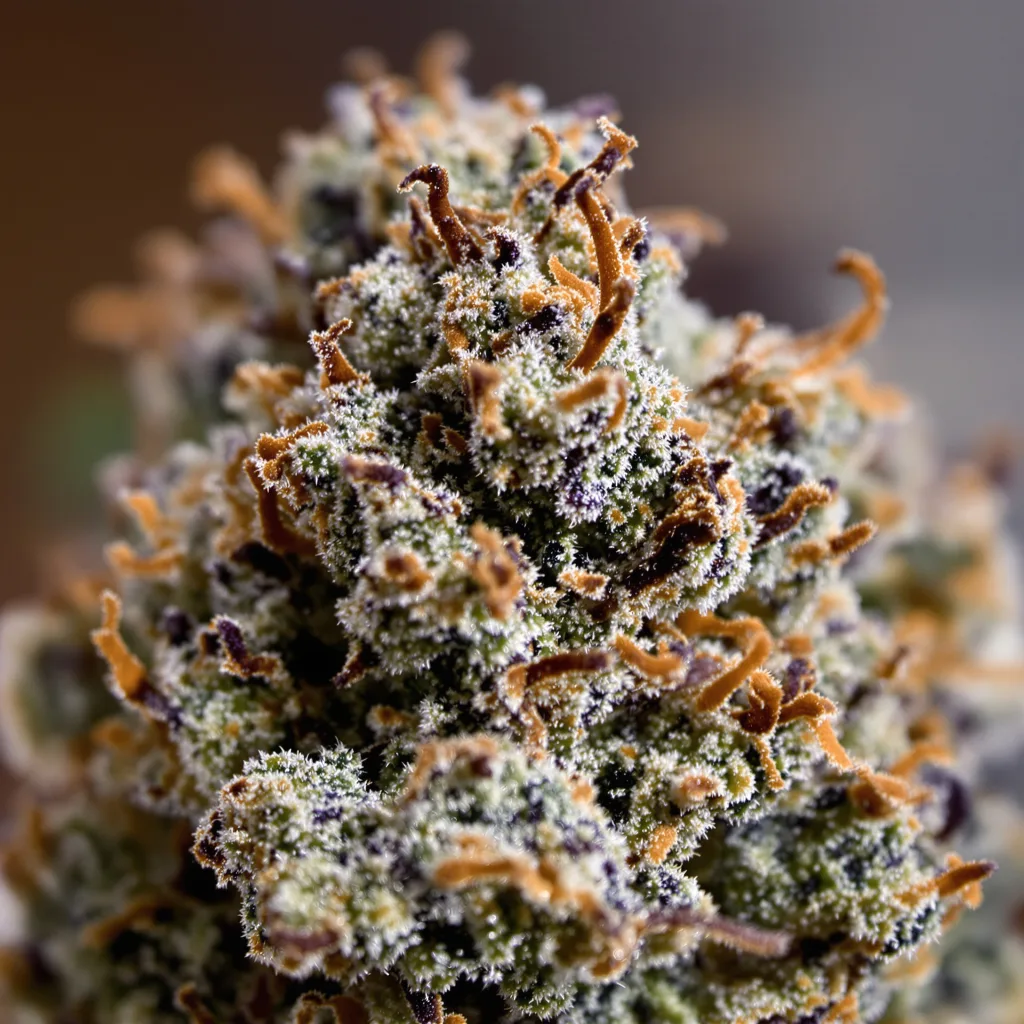 Primer plano de cogollo de cannabis Lucky Dog mostrando cálices densos con tonos morados