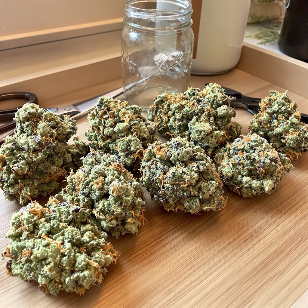 Lucky 54% indica / 46% sativa — flor con tricomas visibles