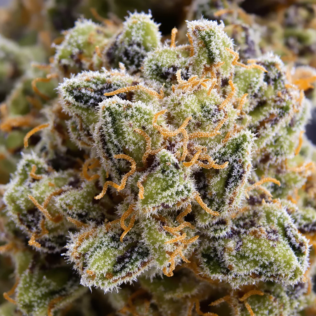 Primer plano de cogollo de cannabis Lucky mostrando estructura equilibrada con tricomas escarchados