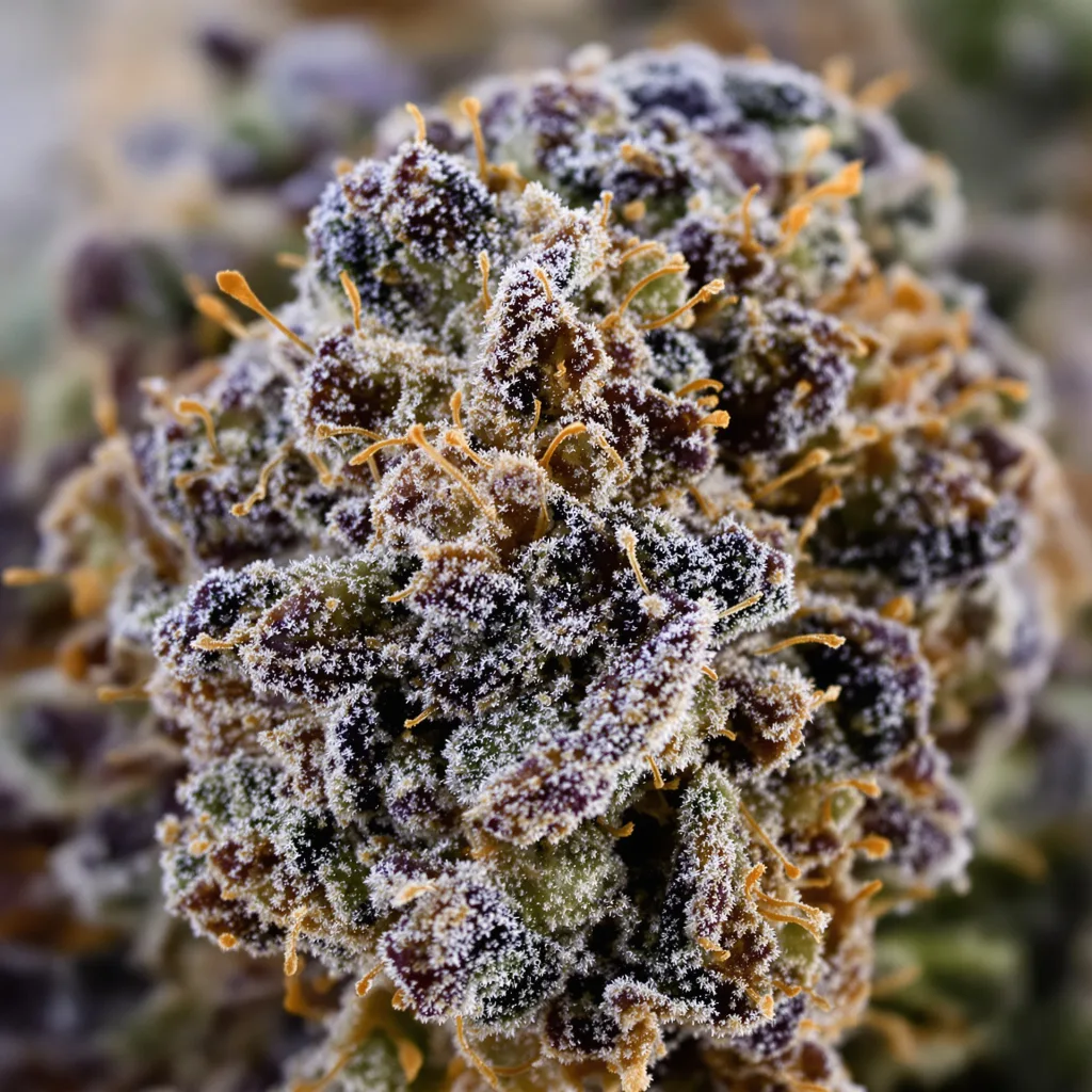 Primer plano de cogollo de cannabis Mafia Funeral mostrando cálices densos con tonos morados