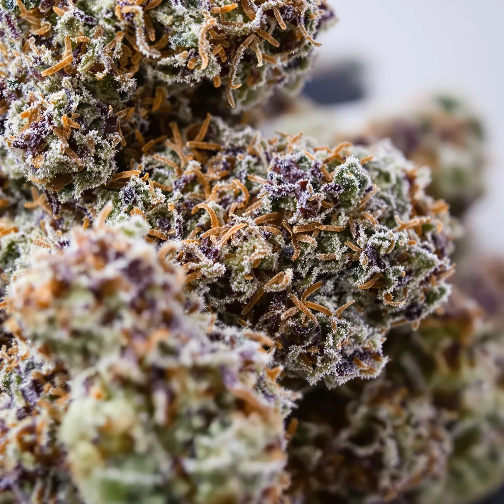 Primer plano de cogollo de cannabis Mag Landrace mostrando cálices densos con tonos morados