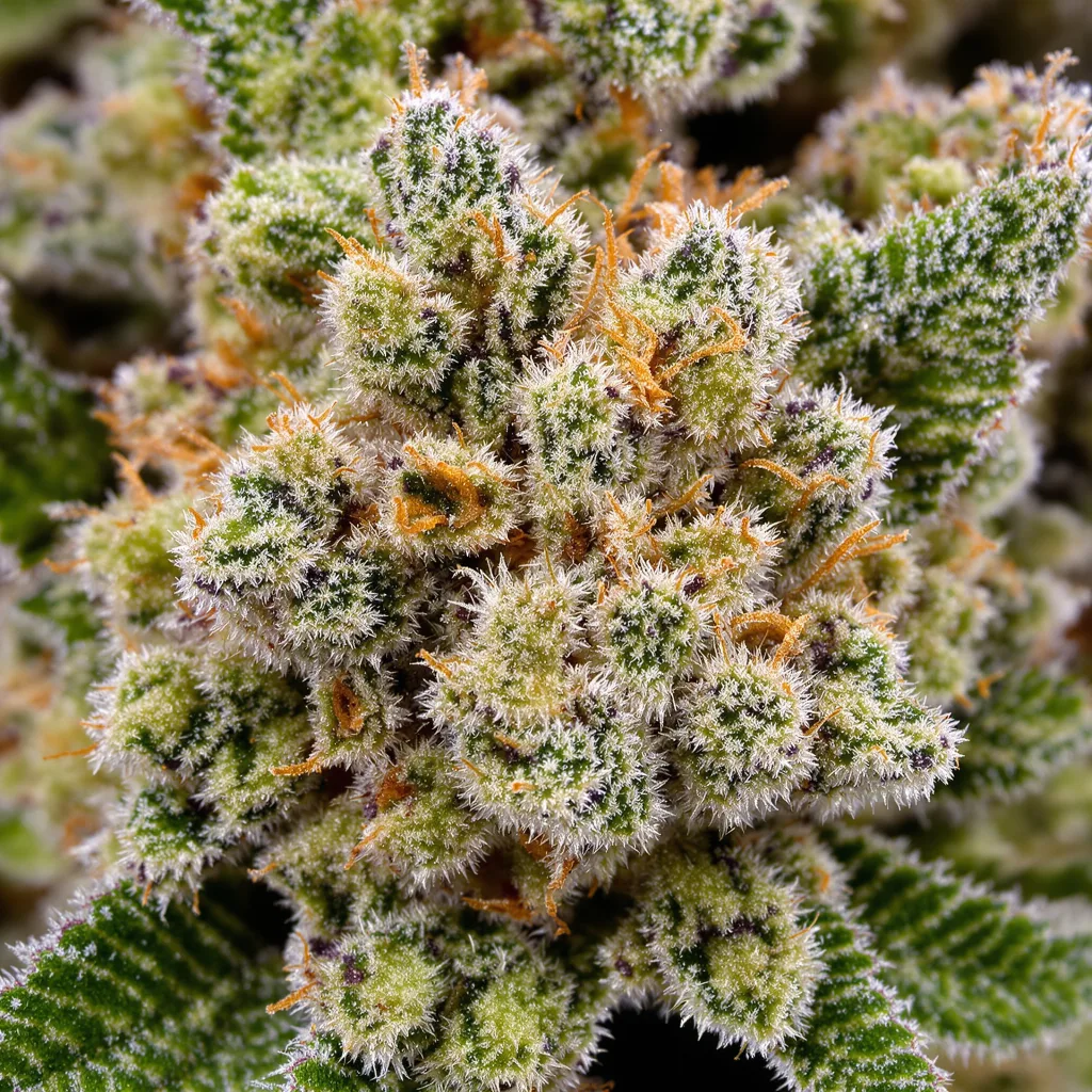 Primer plano de cogollo de cannabis Magnum mostrando estructura equilibrada con tricomas escarchados