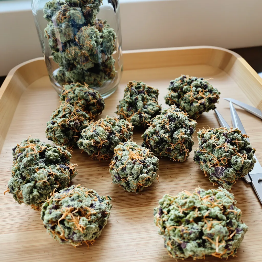 Mandala #1 52% indica / 48% sativa — flor con tricomas visibles