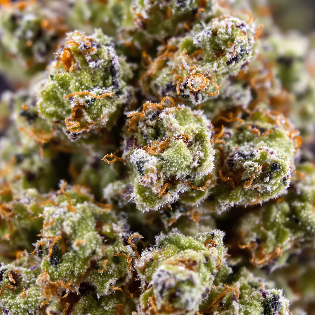 Primer plano de cogollo de cannabis Mandarin mostrando estructura abierta con pistilos naranjas