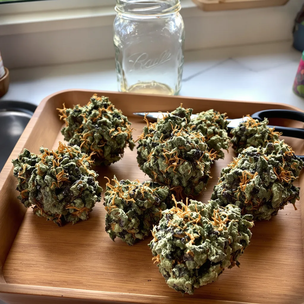 Mango 67% indica / 33% sativa — flor con tricomas visibles